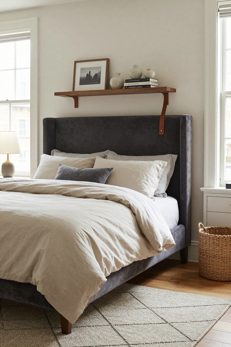 Bedroom with dark gray upholstered bed frame and headboard, light beige linens, wooden floating shelf holding books vases and framed photo above bed, ceramic lamp on floor, white walls, two windows with blinds, seagrass basket and white dresser nearby, light wood floor with beige rug.