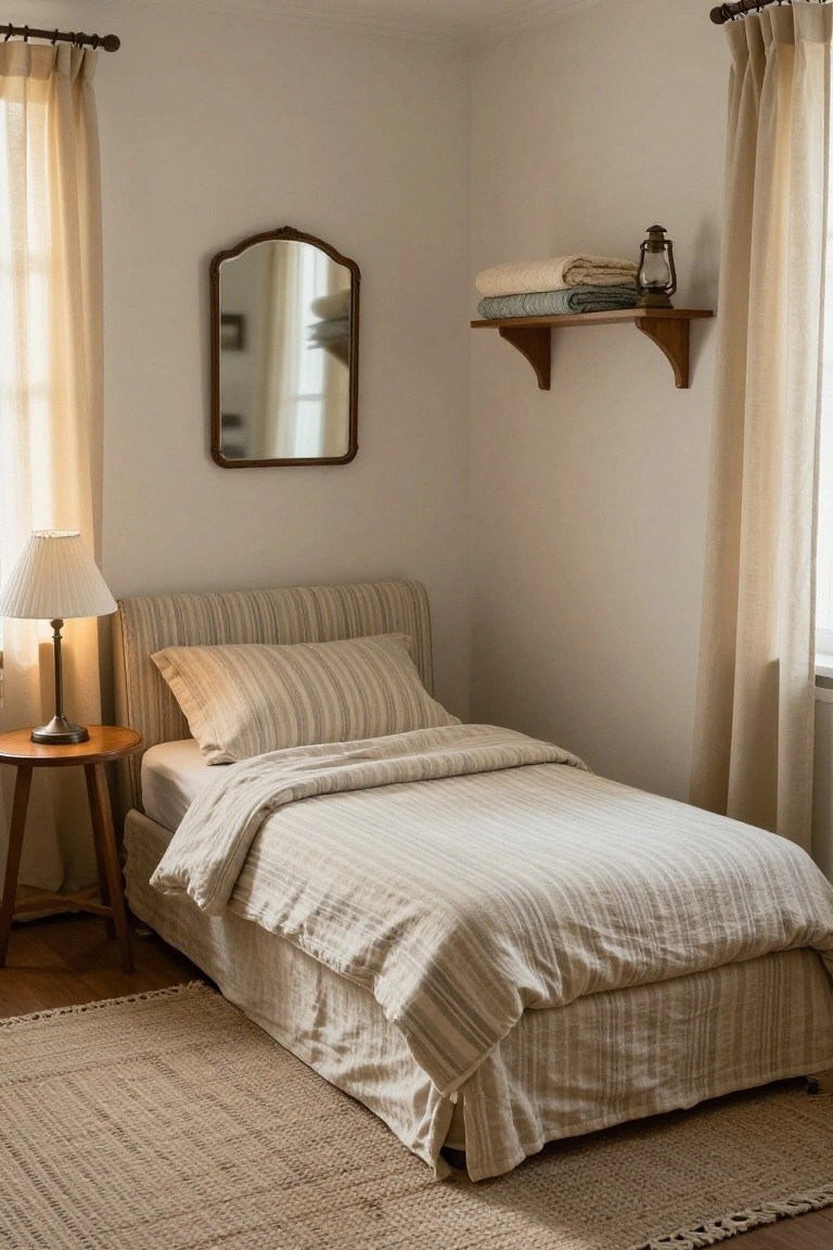 A single bed with striped linen bedding and cushioned headboard in a light-colored bedroom corner, next to a wooden side table with a lamp, an oval mirror on the wall, and shelves holding folded towels and a lantern.