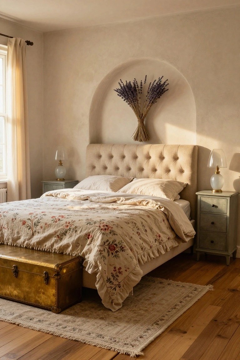 Bedroom with beige tufted upholstered headboard on king bed covered in white sheets and floral quilt, lavender bundles in arched wall niche, glass dome lamps on painted wooden nightstands, gold trunk at bed foot, and beige rug on hardwood floor.