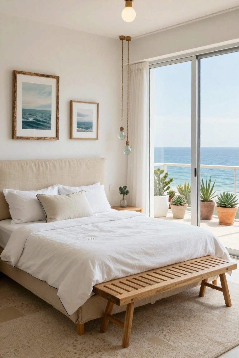 Bedroom interior with beige fabric-upholstered headboard on a low bed dressed in white linens, wooden slat bench at the foot, potted plants on nightstand and balcony, sliding glass doors showing ocean view.