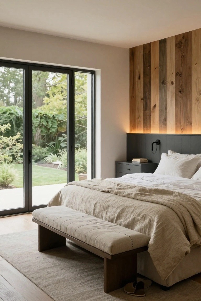 Bedroom interior featuring a large bed with white linens and tan throw, a cushioned bench at the foot, gray nightstand, wooden plank accent wall, and black-framed sliding glass doors to a garden.