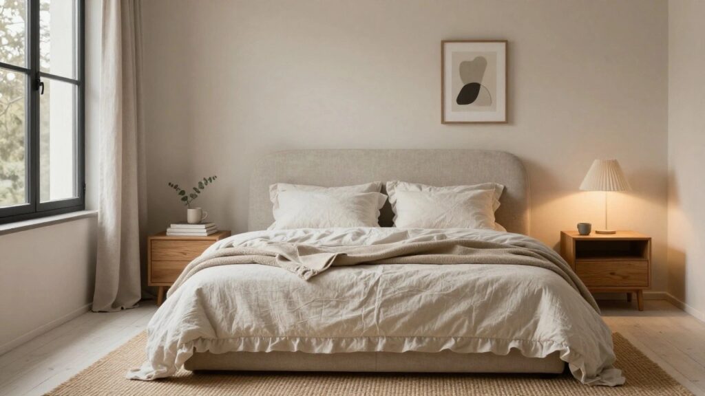 Bedroom with beige upholstered platform bed draped in white linen bedding and throw, wooden nightstand holding lamp, books, and potted eucalyptus, large window with beige curtains, white walls, and light wood floors.