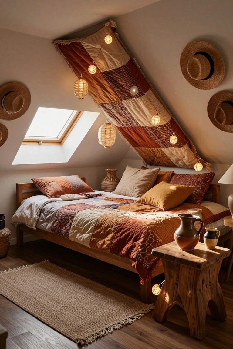Attic bedroom under sloped ceiling with skylight, wooden bed piled with patchwork quilt and assorted pillows in orange, beige, and rust tones, surrounded by hanging fabric, string lights, lanterns, straw hats on walls, pottery, and a seagrass rug on wood floor.