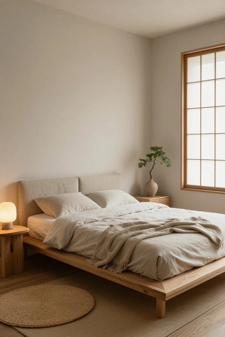 A minimalist bedroom corner with low wooden platform bed, beige cushioned headboard, white linen bedding and pillows, wooden side table with white lamp, potted plant in tall vase, shoji window, and seagrass rug on wood floor.