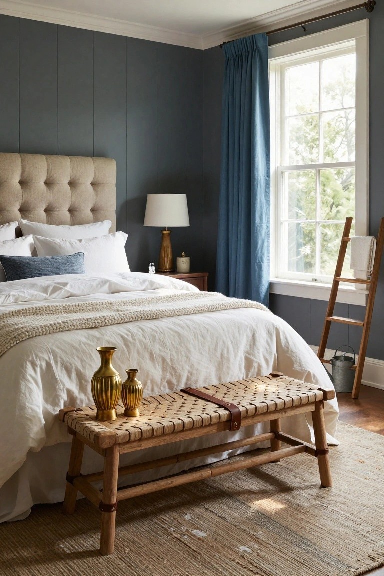 Bedroom with king bed featuring beige button-tufted upholstered headboard, white sheets and duvet with knit throw, two gold vases on rattan and leather bench at foot, navy shiplap walls, blue drapes on window, wooden ladder towel rack.