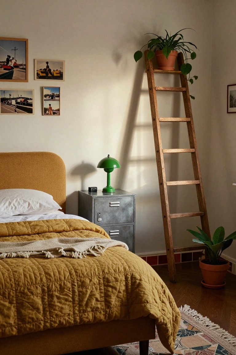 Bedroom interior with mustard yellow quilted bedspread on upholstered bed, wooden ladder shelf holding plants, green lamp on metal cabinet next to bed, potted plants, and framed photos on white walls.