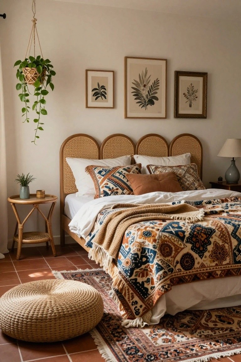 Bedroom with triple-panel arched rattan headboard, patterned orange and blue bedding, hanging potted plant, rattan nightstand and pouf, on terracotta tile floor.