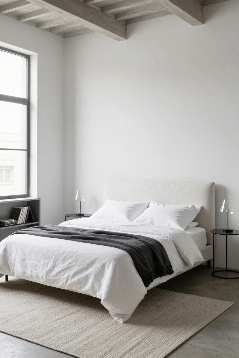 Minimalist bedroom featuring a beige upholstered headboard on a low bed with white bedding and gray throw, flanked by black side tables with glass lamps, a bookshelf, large window, exposed wood beam ceiling, and seagrass rug on concrete floor.