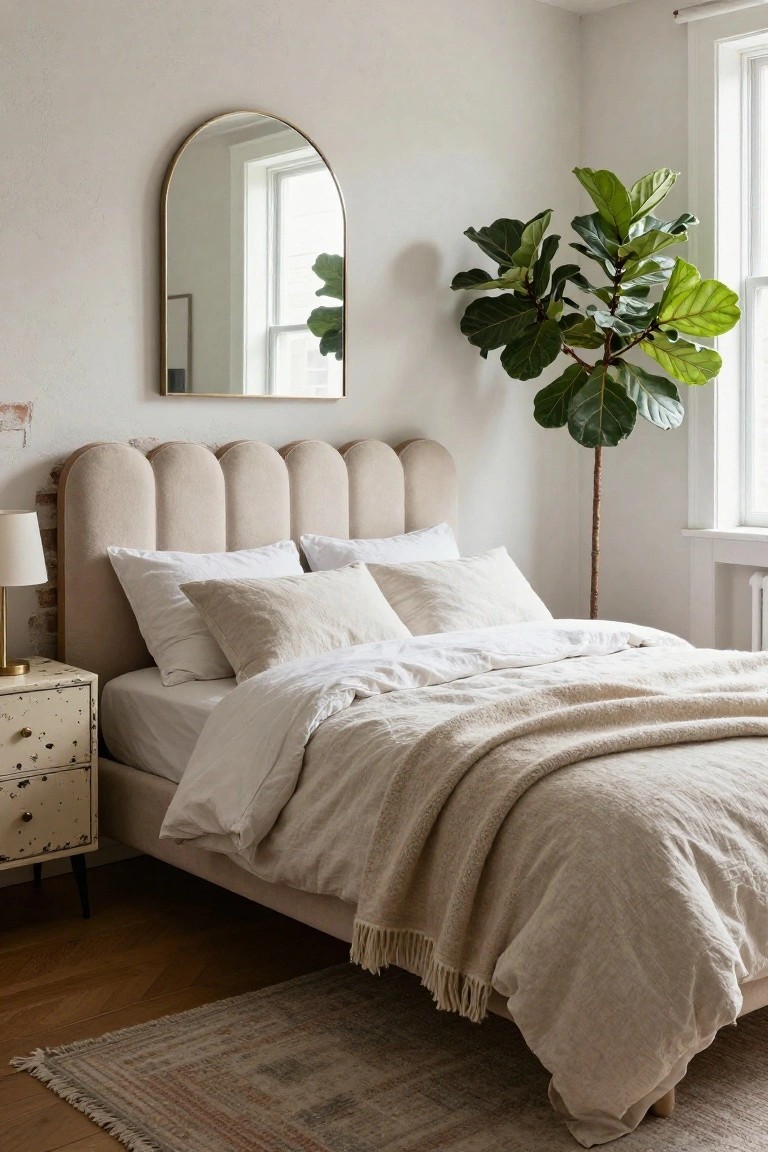 Bedroom corner with a bed featuring a curved beige upholstered headboard, white and cream bedding, pillows, a gold arched mirror on the wall, a potted fiddle leaf fig plant by the window, a small white lamp on a distressed gold bedside table, and a patterned rug on wood floors.