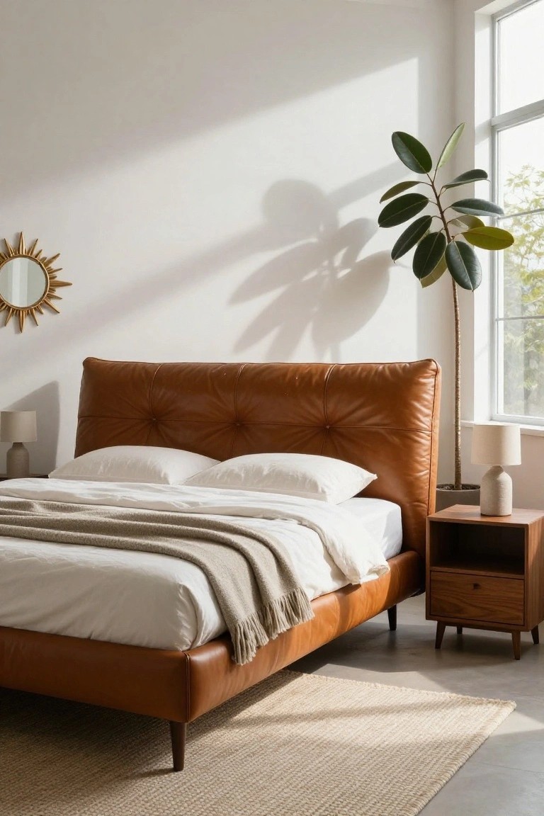 Sunlit bedroom with tan tufted leather platform bed, white sheets and pillows, gray knit throw, wooden nightstand with lamp and vase, tall potted plant by window, and gold sunburst mirror on white wall.