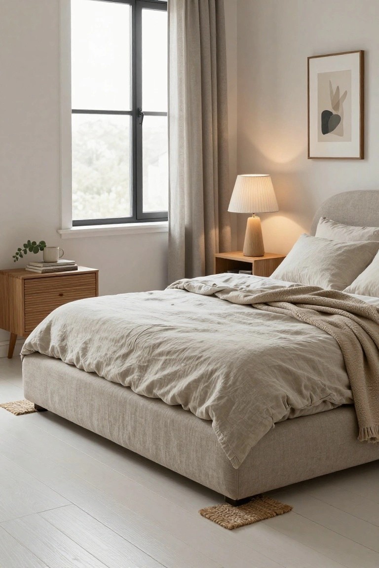 Bedroom with beige upholstered platform bed draped in white linen bedding and throw, wooden nightstand holding lamp, books, and potted eucalyptus, large window with beige curtains, white walls, and light wood floors.