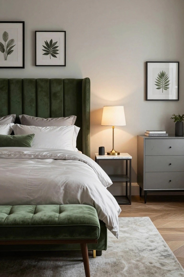 A modern bedroom with green velvet bed, marble nightstand, and gray dresser.