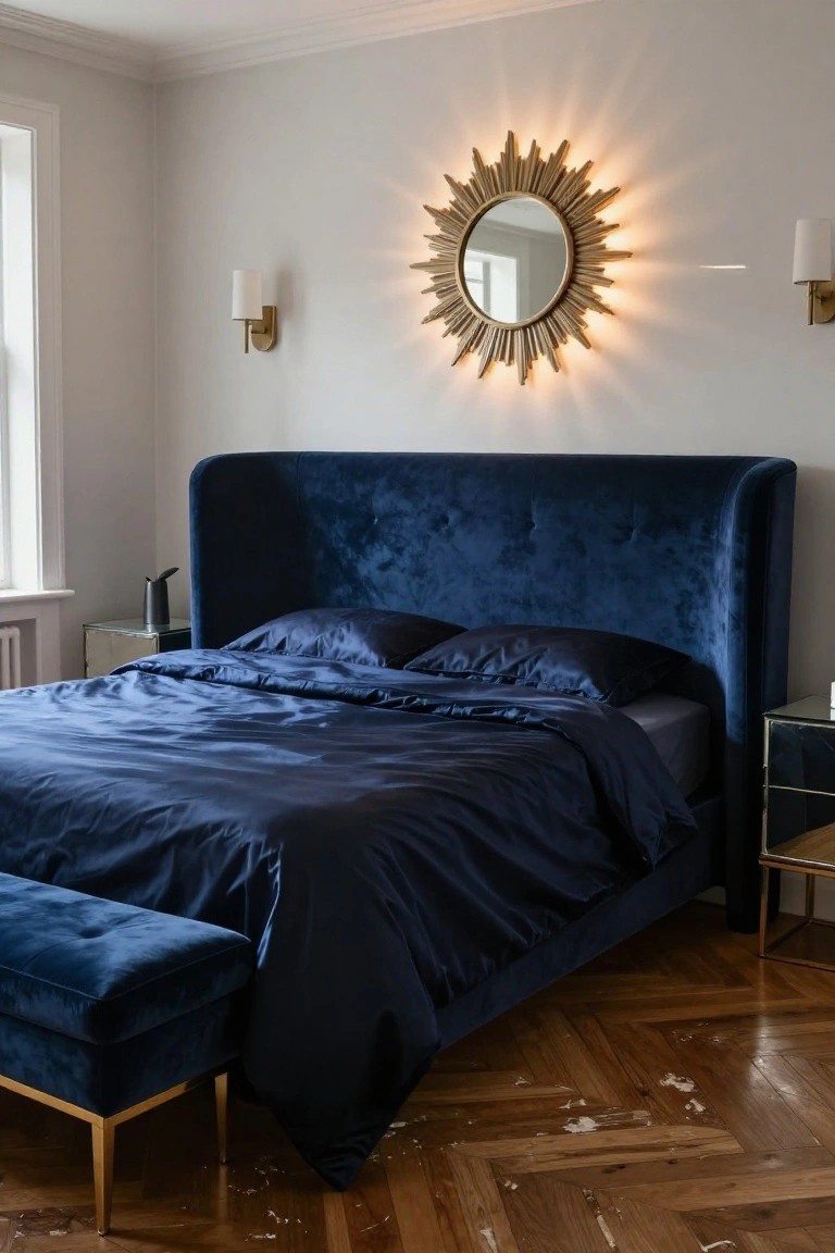 Bedroom with navy velvet tufted winged headboard bed, navy silk duvet and pillows, glass nightstands, gold sunburst mirror on wall, and matching velvet bench on parquet wood floor.