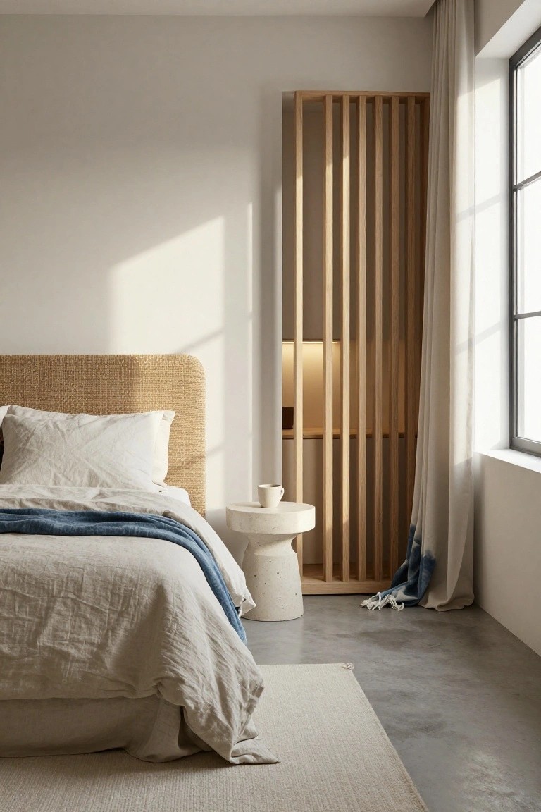 A bedroom with a bed featuring a curved beige woven headboard, white linen sheets and pillows, a blue throw blanket, a white ceramic side table holding a cup, a tall wooden slat wardrobe, white curtains on a large window, and a light gray rug on a concrete floor.
