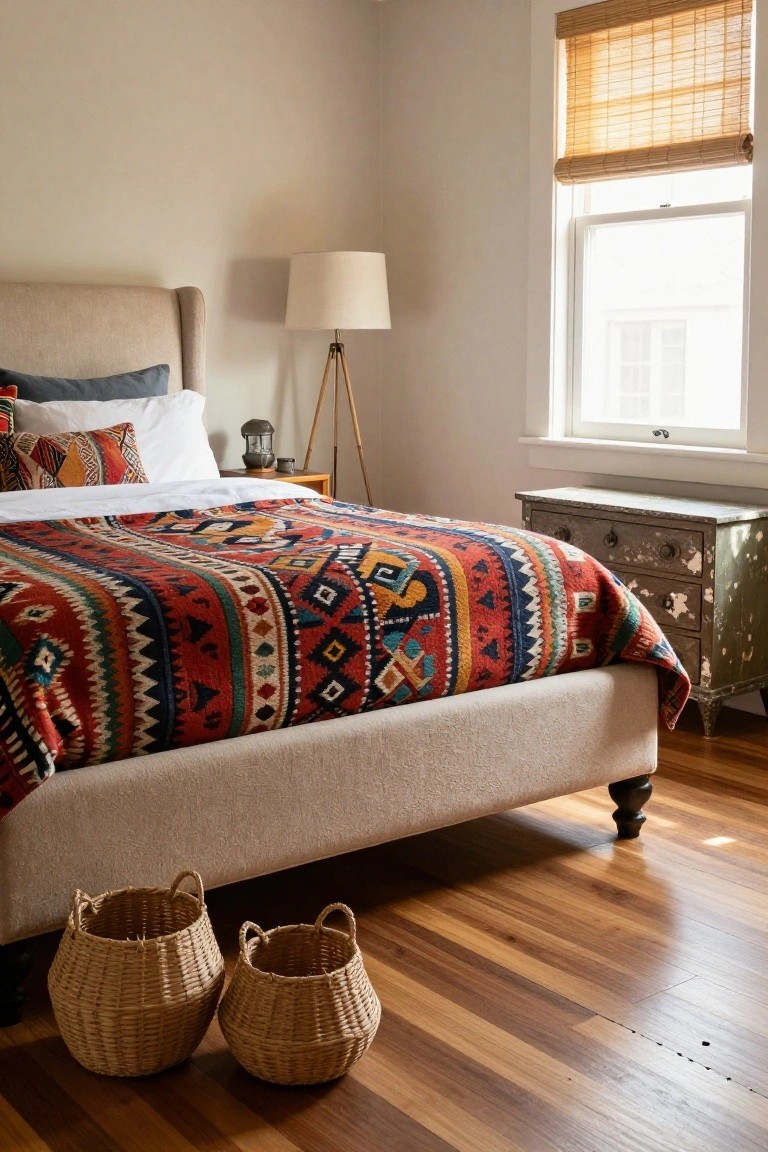 Cozy bedroom with patterned blanket, woven baskets, and wooden floor.