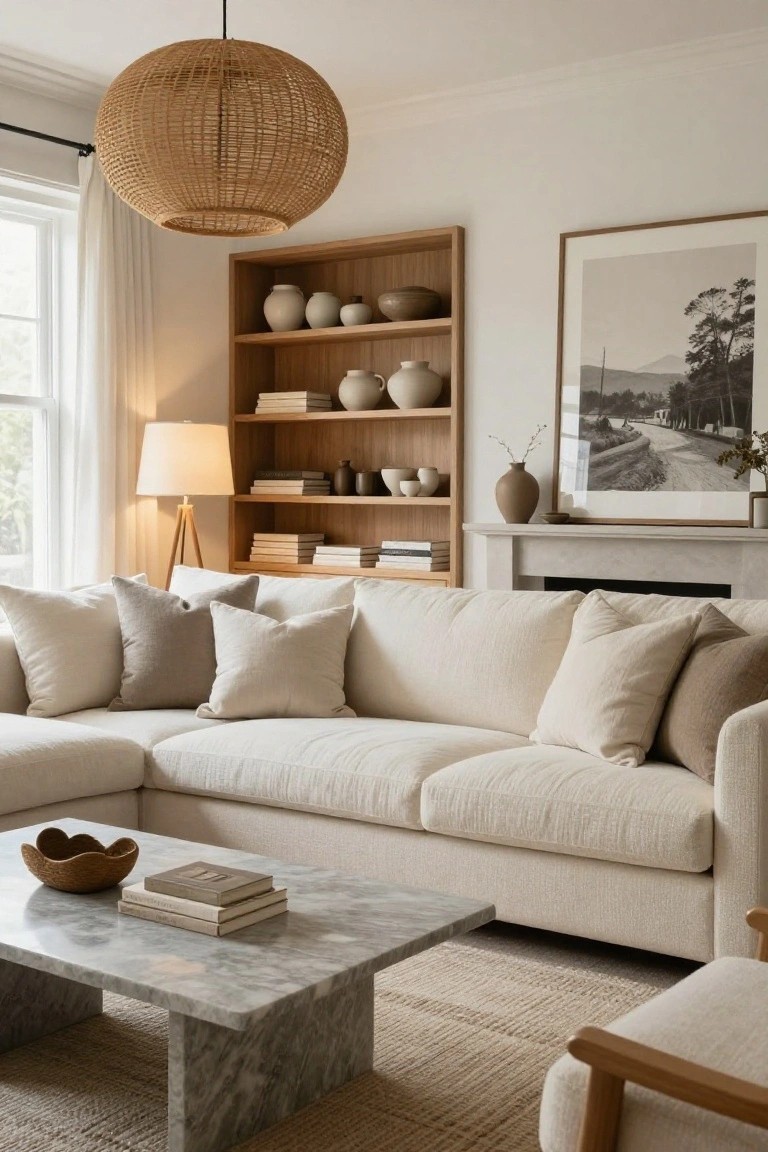 Living room with cream L-shaped sofa, wooden shelving unit displaying ceramic pots and books, marble coffee table holding woven bowl and stacked books, beige rug, rattan pendant light, and floor lamp.