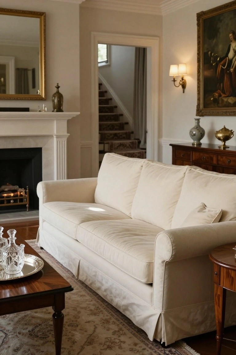 A light cream slipcovered sofa positioned in front of a marble fireplace in a beige-walled living room with wooden furniture, a side table, and artwork.