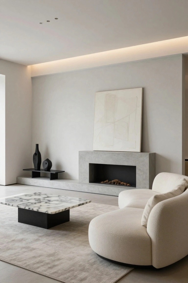 Modern living room with curved cream sofa on light rug, black-based white marble coffee table, concrete fireplace with logs burning, abstract white line painting above mantel, black vase and sculpture on shelf, neutral gray walls and floor.
