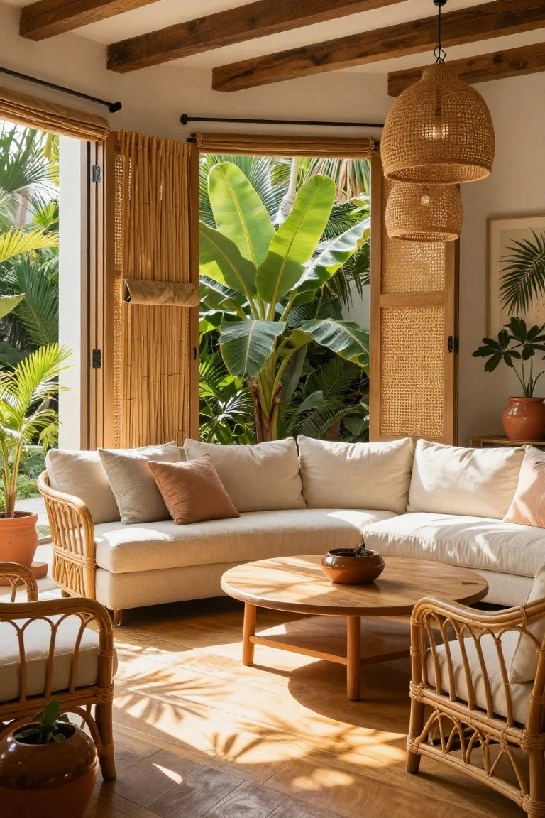 A light cream corner sofa in a sunlit living room with rattan armchairs, round wooden coffee table, open bamboo folding screens to lush green tropical plants outside, and hanging woven pendant lights from wooden beams.