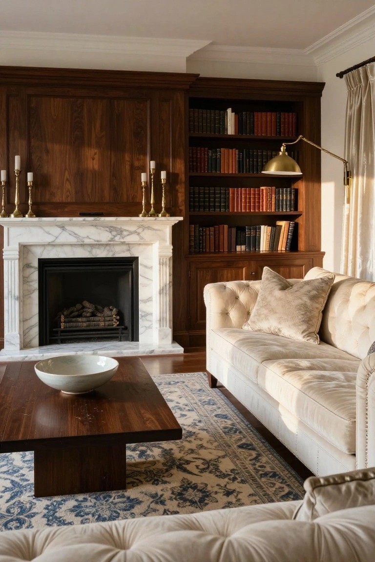 A cream tufted sofa in a living room with dark wood paneled walls, built-in bookshelves, marble fireplace with candles, wooden coffee table holding a white bowl, and a blue patterned rug.