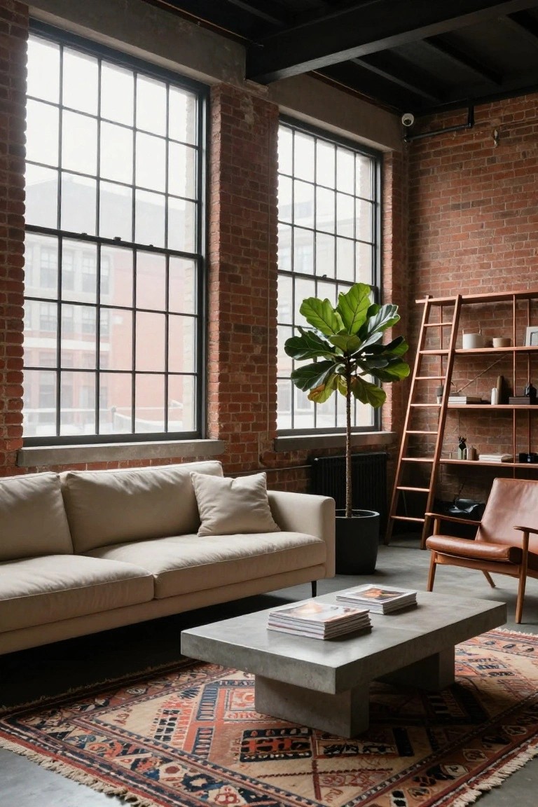 Living room with beige sofa, concrete coffee table on Persian rug, fiddle leaf fig plant, copper ladder shelf, tan leather chair, exposed brick walls, large metal-framed windows, and black ceiling beams.