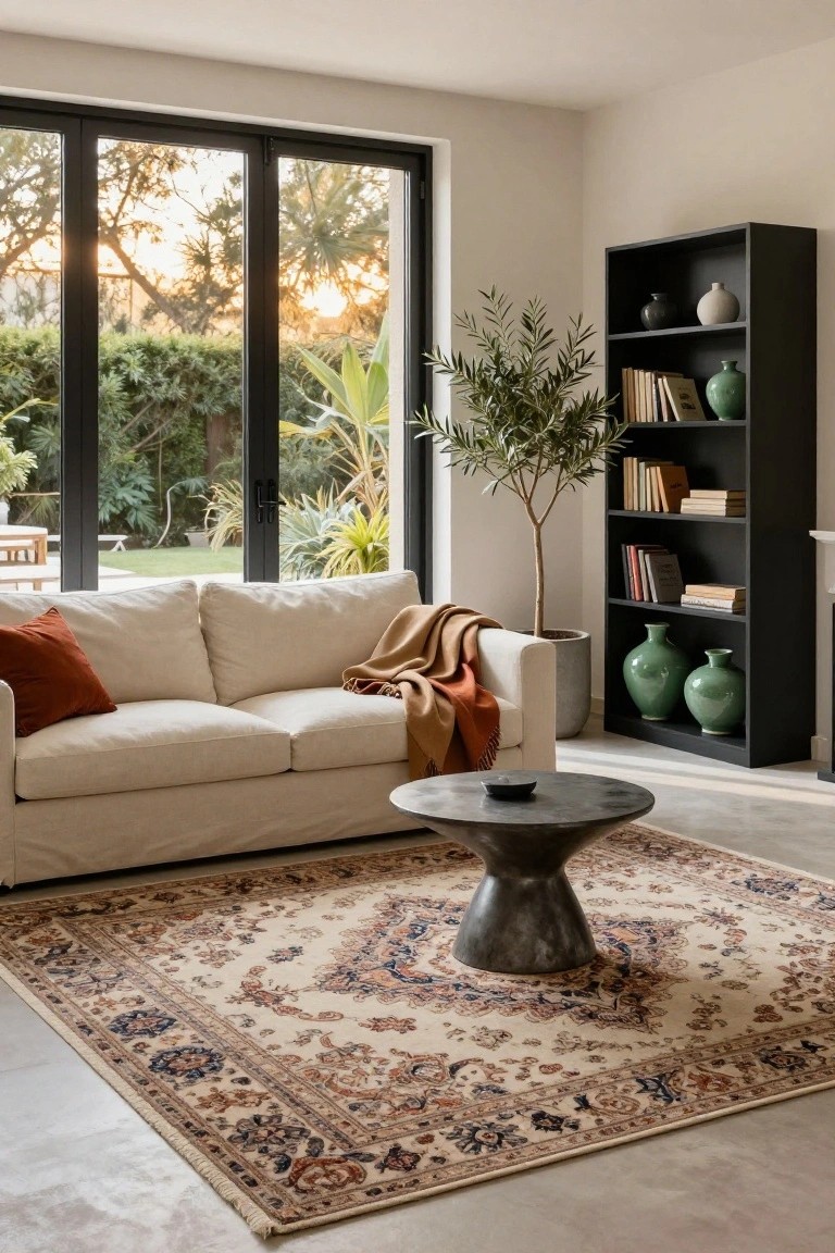 A cream sofa draped with a tan throw and orange pillow sits on a beige oriental rug with blue and red patterns in a light living room with black bookshelves, green vases, an olive tree, a black round coffee table, and large black sliding doors to a garden.