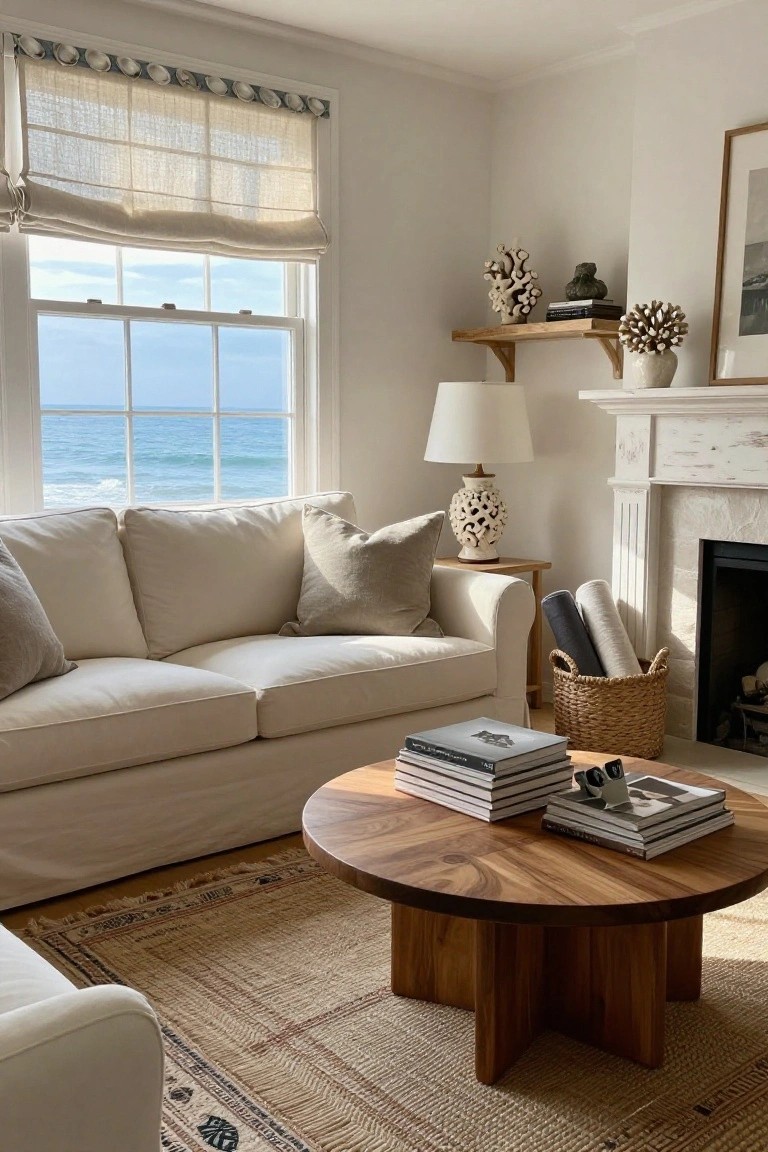 Cream slipcovered sofa in a white-walled living room with round wooden coffee table holding stacked books, side table with lamp, fireplace, neutral shelves with coral decor, and large windows showing ocean view.