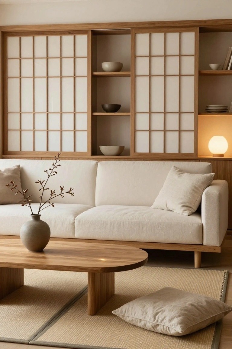 Cream fabric sofa positioned in front of tall wooden shoji screens with open shelves displaying ceramics, alongside a low oval wooden coffee table, gray vase with branches, floor cushion, and seagrass rug in a light wood-floored living room