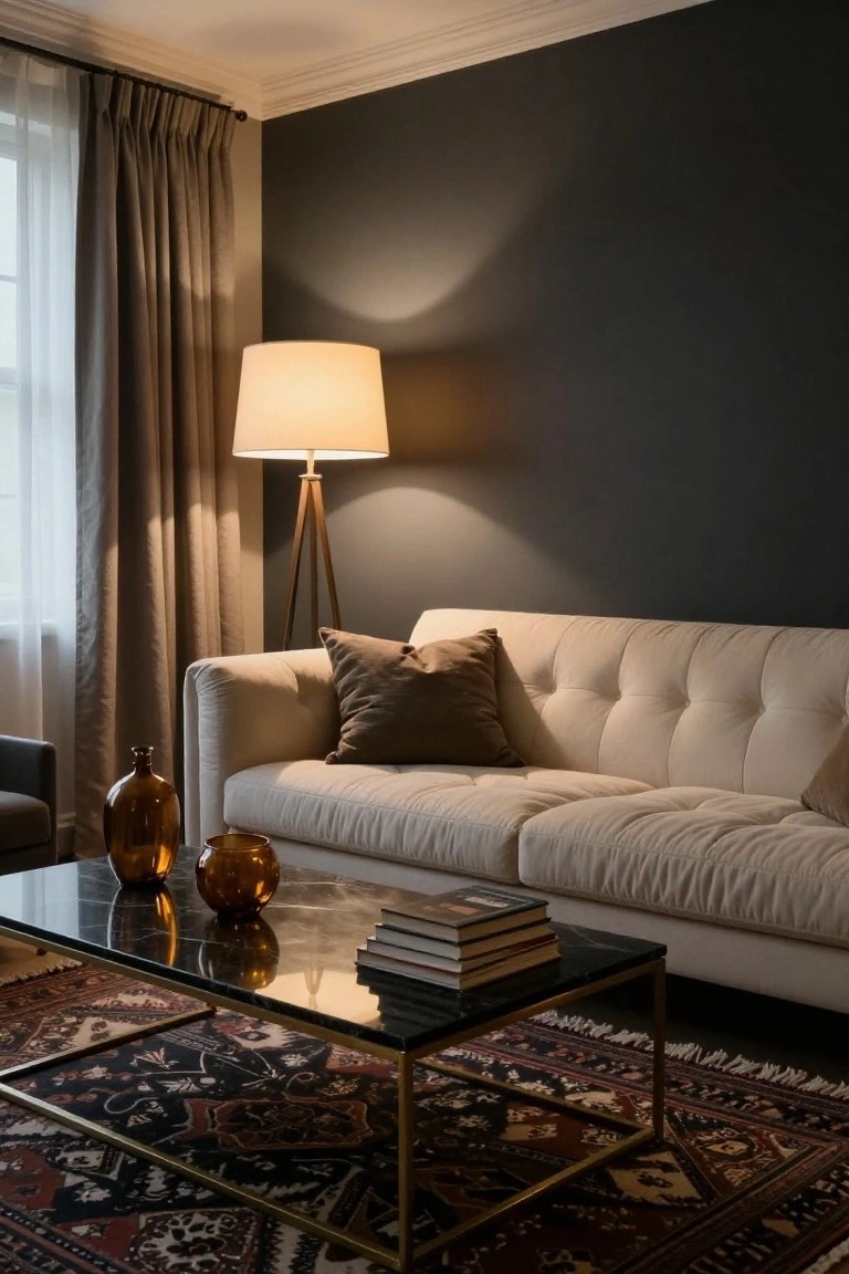 Modern living room with cream sofa, marble coffee table, and warm lighting.