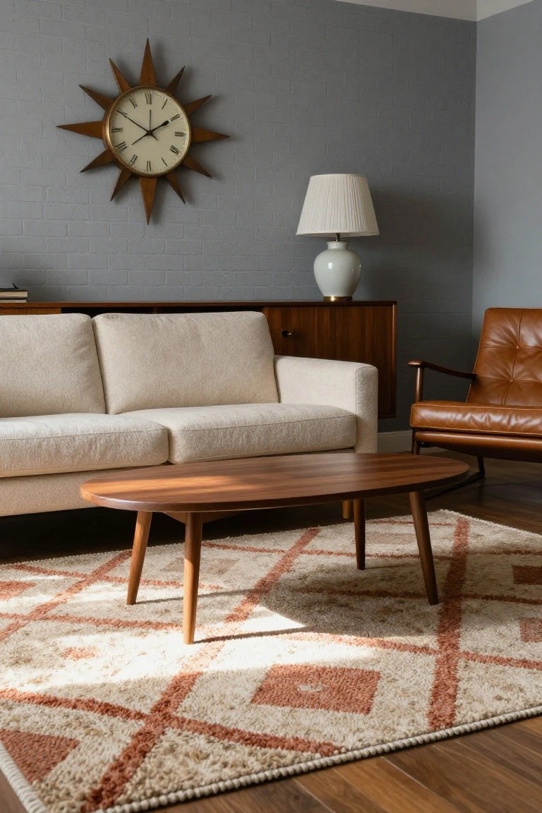A living room with a light cream fabric sofa, tan leather armchair, wooden credenza, oval wood coffee table on a geometric cream and rust rug, starburst clock on gray brick wall, and white lamp.