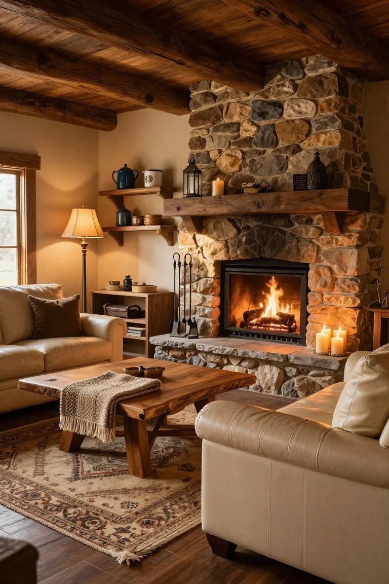 A cozy cabin-style living room with two cream leather sofas arranged around a wooden coffee table, a large stone fireplace with burning logs, wooden ceiling beams, shelves with pottery, table lamps, and candles on the mantel.