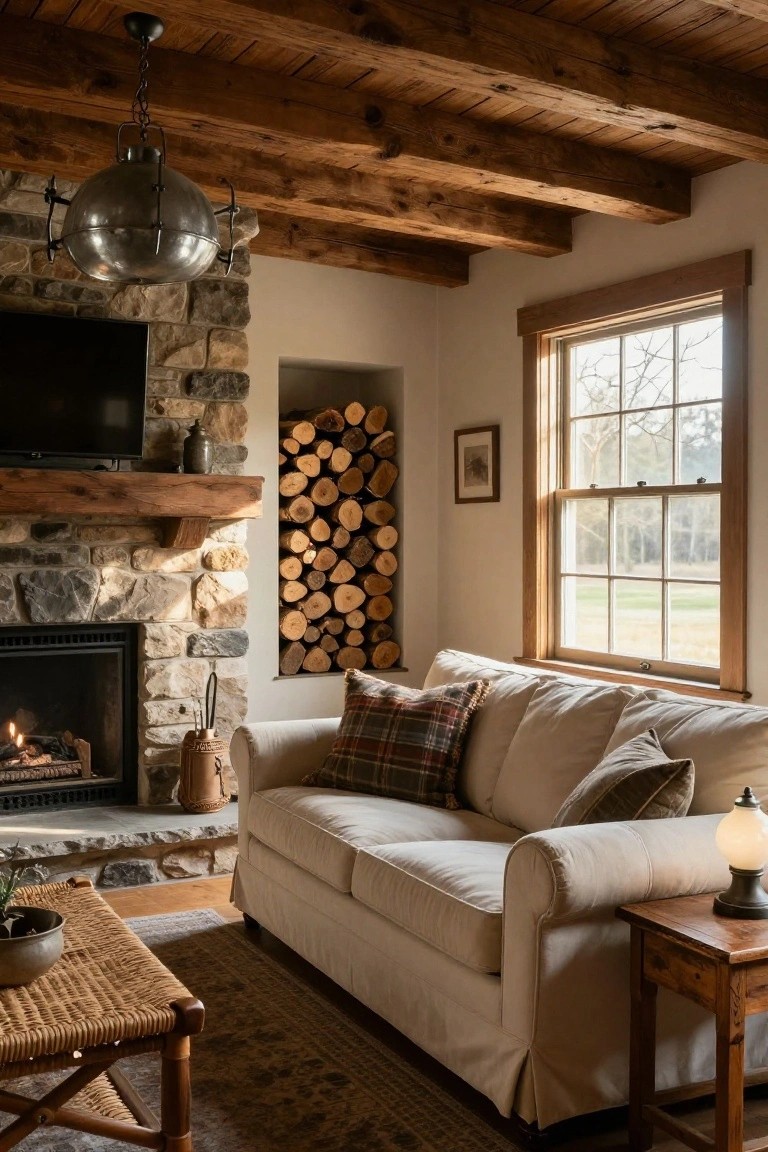 Living room interior with cream slipcovered sofa facing a stone fireplace with fire burning, stacked firewood beside it, wooden beam ceiling, pendant light, and window showing fields outside.