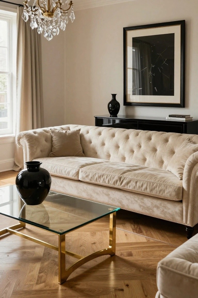 Cream tufted sofa in a living room with black vases on a glass-top gold coffee table and black sideboard, crystal chandelier, large black-framed abstract print on wall, beige walls, and parquet wood floor.