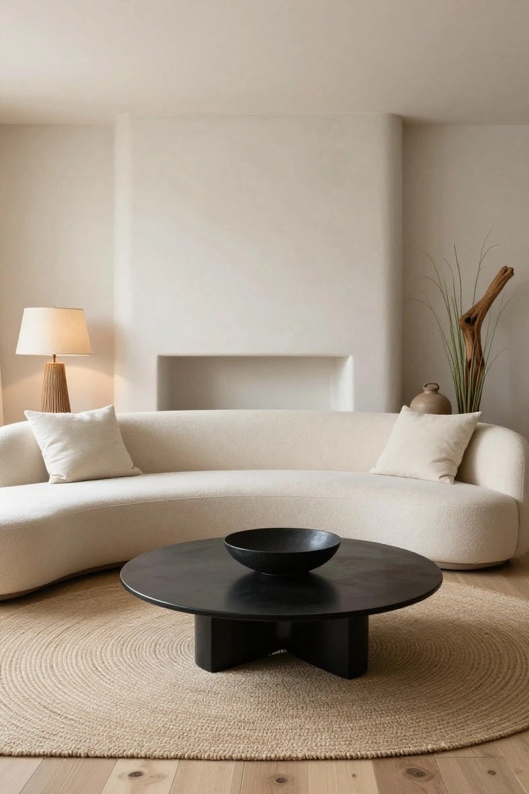 Curved cream fabric sofa in a minimalist living room with white walls, black round coffee table holding a black bowl, round seagrass rug, wood floor lamp, tall potted plant with branch, and empty white fireplace niche on light wood floors.