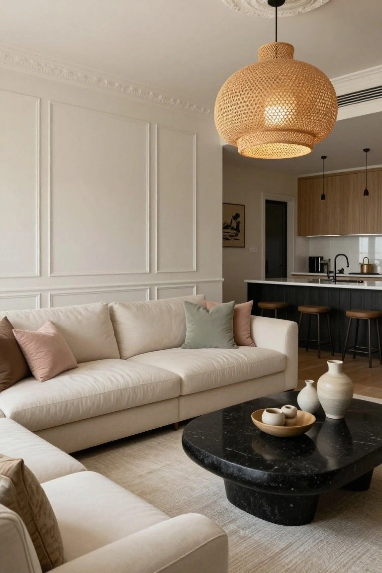 Cream L-shaped modular sofa on a beige rug in a living room with white paneled walls, black oval marble coffee table holding pottery, rattan pendant light overhead, and open kitchen visible in background.