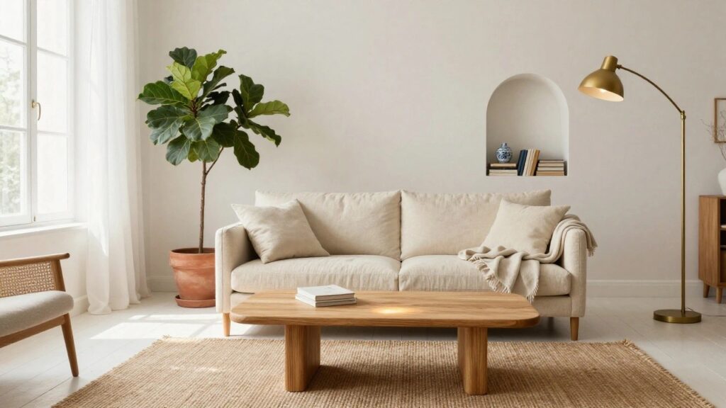 22 Cream Sofa Living Room Ideas With Soft Elegance Bright living room with cream fabric sofa and armchair facing each other across a round fluted wooden coffee table topped with books and mug, tall fiddle leaf fig plant in terracotta pot beside gold floor lamp, sheer white curtains on large window, arched wall niche holding books and blue vase, jute rug on wood floor.