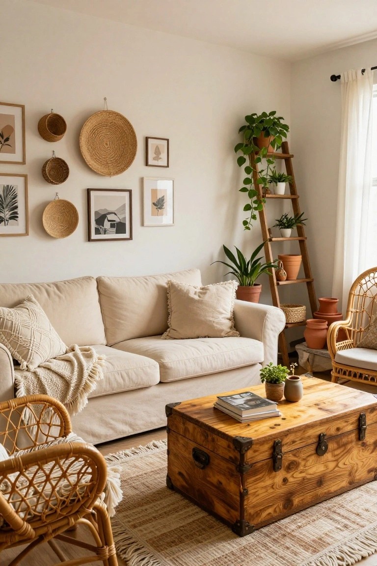 A light living room with cream slipcovered sofa, two rattan armchairs, wooden trunk coffee table, wooden ladder shelf holding potted plants in terracotta pots, woven baskets and framed artwork on walls, sheer curtains on window.