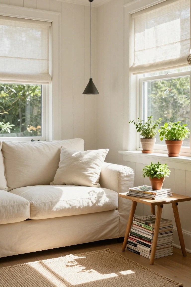 Corner of a living room featuring a cream slipcovered sofa, sheer linen roman shades on two large windows with potted herbs on the sills, a wooden tripod side table with stacked magazines, and a black pendant light.