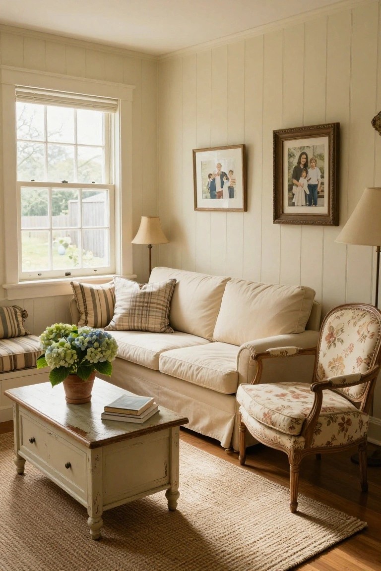A sunlit living room with cream slipcovered sofa piled with striped and plaid pillows, hydrangea bouquet in terracotta pot on wooden coffee table, floral armchair nearby, family photos on beige paneled walls, and window overlooking garden.