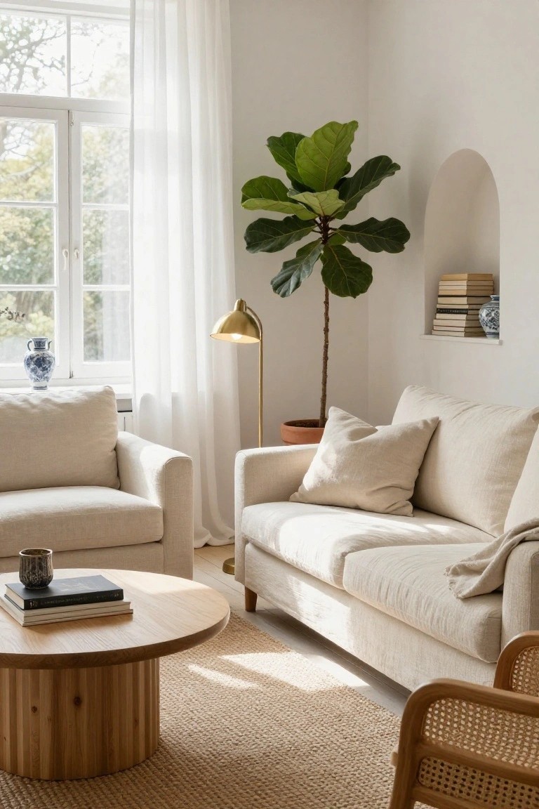 Bright living room with cream fabric sofa and armchair facing each other across a round fluted wooden coffee table topped with books and mug, tall fiddle leaf fig plant in terracotta pot beside gold floor lamp, sheer white curtains on large window, arched wall niche holding books and blue vase, jute rug on wood floor.