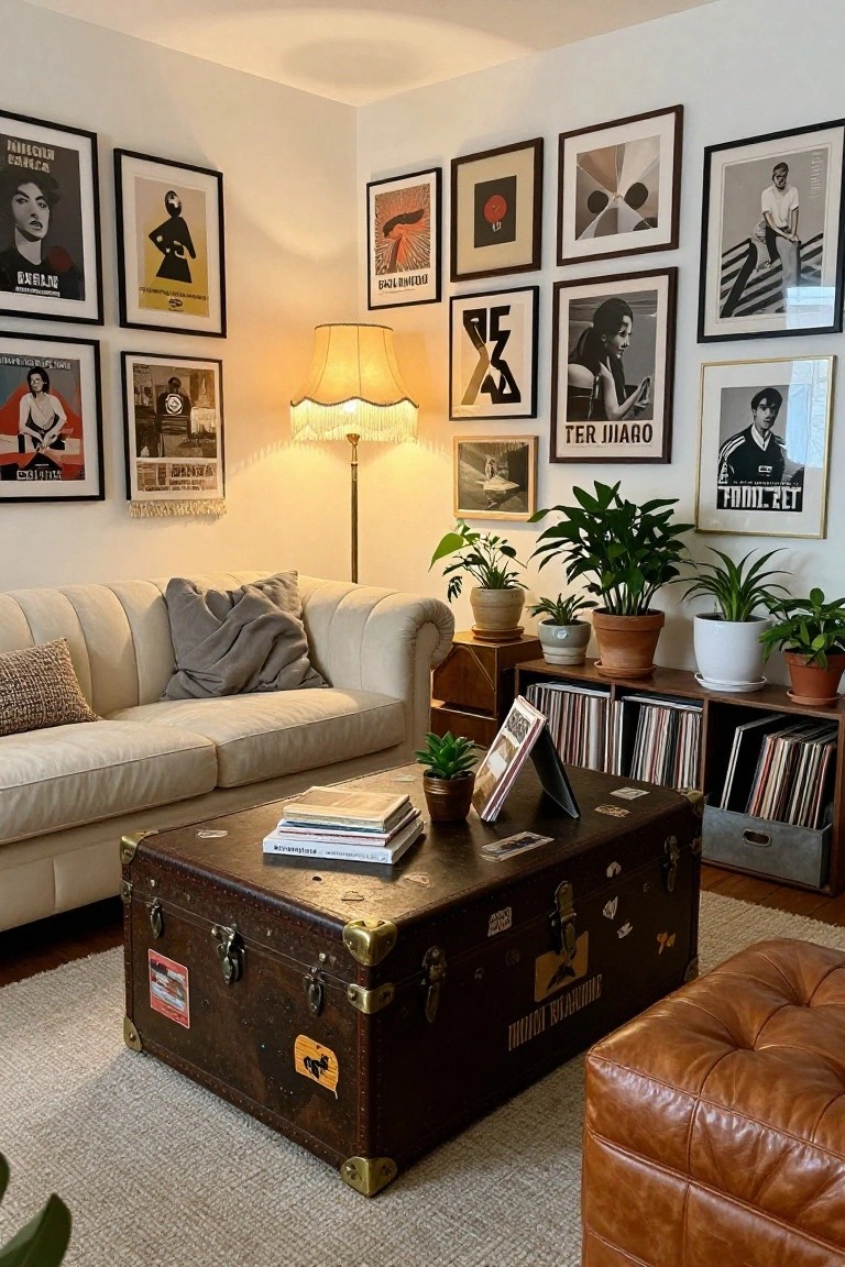 Cream tufted sofa in a corner living room with vintage brown leather trunk as coffee table, plants on shelves and floor, vinyl records, and eclectic posters on white walls.