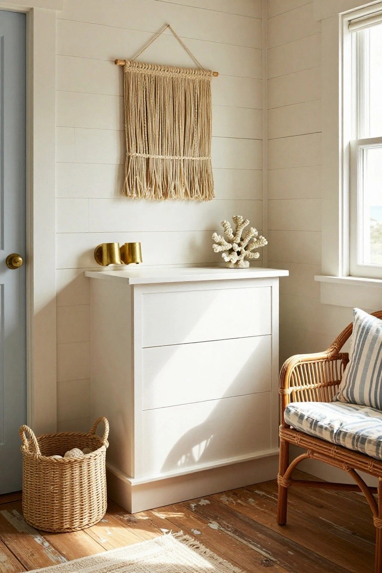 White three-drawer low dresser against a white shiplap wall in a bedroom corner, topped with gold cups and a white coral sculpture, macrame hanging nearby, rattan chair with blue-and-white cushion, seagrass basket on wood floor.