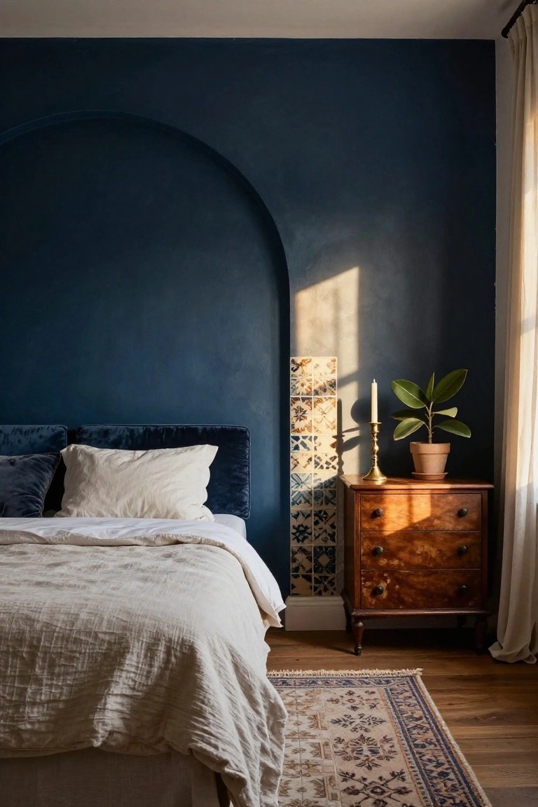 Bedroom with navy blue wall featuring arched recess behind velvet-upholstered bed with white linen sheets, wooden dresser holding candle and potted plant next to tiled panel, sheer curtain on window, hardwood floor, and patterned rug.