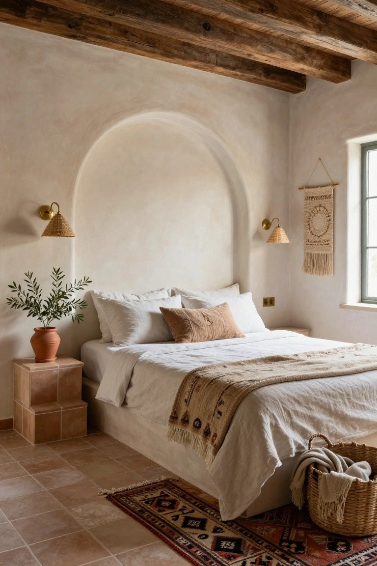 Bedroom interior with a bed placed against a curved beige arched alcove wall, flanked by rattan sconces, olive branches in terracotta pot on brick pedestal, woven wall hanging, and terracotta tile floor with patterned rug.