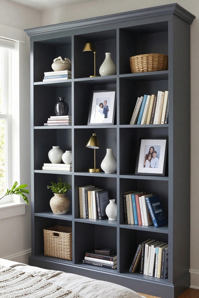 Tall gray-painted bookcase filled with books, stacked ceramics, framed photos, woven baskets, and potted plants positioned next to a bed in a bedroom with white walls and a window.