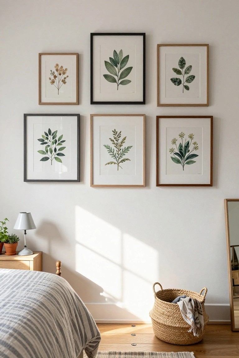 A bedroom features a gallery wall of six framed botanical prints with green leaves and stems in black, wood, and oak frames arranged above a bed with striped linens, beside a nightstand with lamp and potted plants, a wicker basket on the floor, and a freestanding mirror.