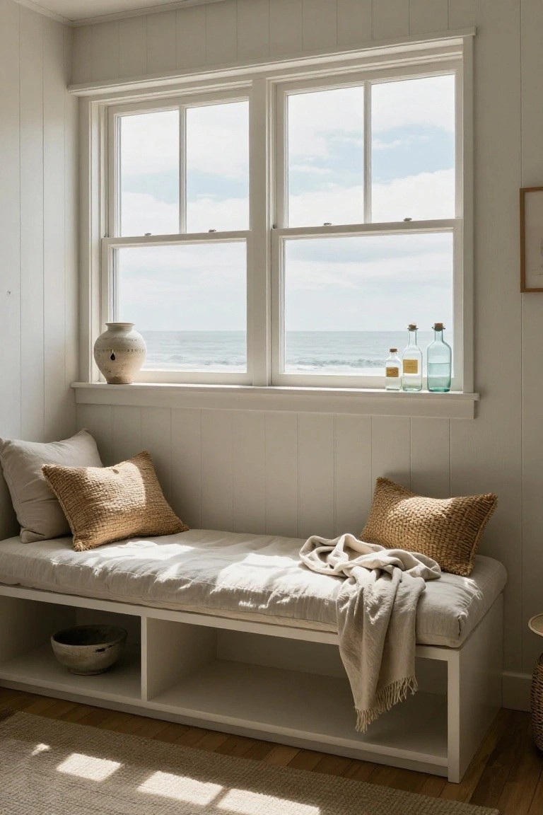 White paneled indoor nook featuring a built-in cushioned bench under large double-hung windows overlooking the ocean, with woven pillows, a linen throw, ceramic vases on the sill, and storage bowls underneath.