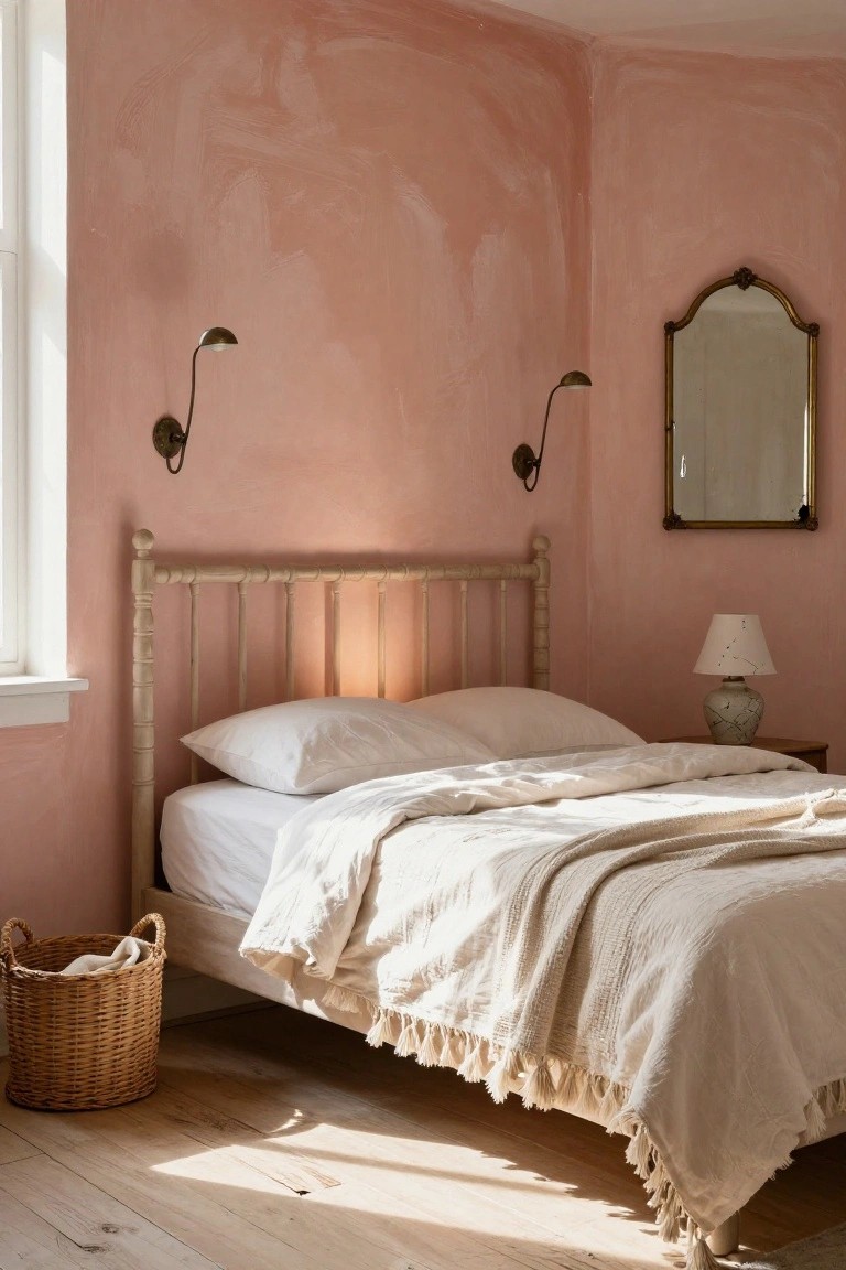 Bedroom featuring a white wooden bed with vertical spindle headboard against blush pink textured walls, white bedding, wicker basket on wooden floor, and brass wall sconces.