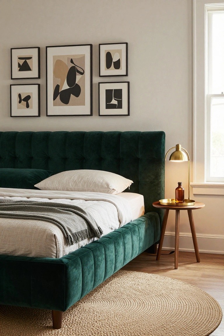 Velvet green bed with white linens beside wooden side table and abstract art.