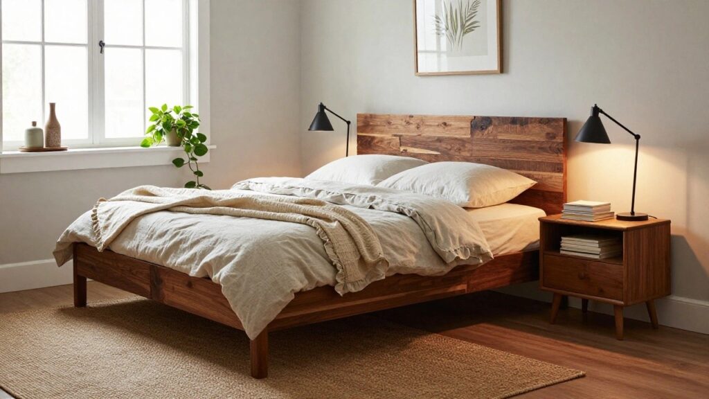 22 Creative Bed Headboard Ideas to Refresh Your Bedroom Wall Bedroom with dark wood plank headboard, white linen bedding, black swing-arm wall lamps on either side, wooden nightstand holding books, floating shelf with potted trailing plant and framed print, seagrass rug, and hardwood floors.
